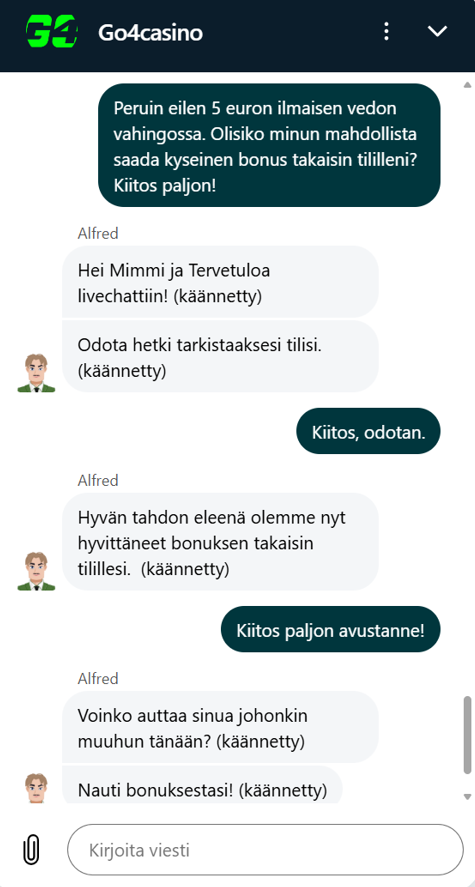 GO4 Casinon live-chat, jossa asiakaspalvelu palauttaa vahingossa peruutetun 5 € ilmaisvedon takaisin pelaajan tilille.
