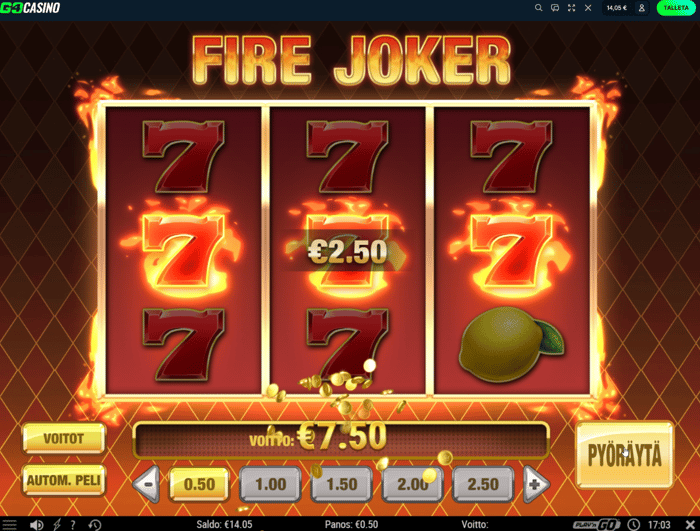 GO4 Casinon Fire Joker -pelissä saavutettu 7,50 € voitto 0,50 € panoksella.