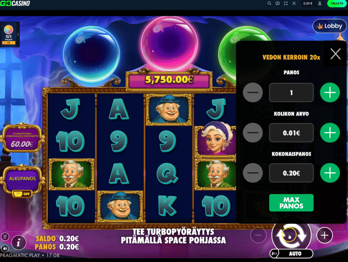 GO4 Casinon kolikkopelissä näkyy 0,20 € panos ja 5 750,00 € päävoitto pelin yläosassa.