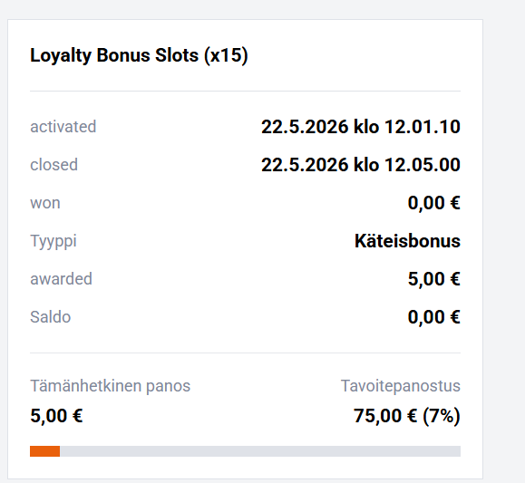 GO4 Casinon Loyalty Bonus Slots -bonus, jossa 5,00 € käteisbonukseen sovelletaan 75,00 € tavoitepanostusta.
