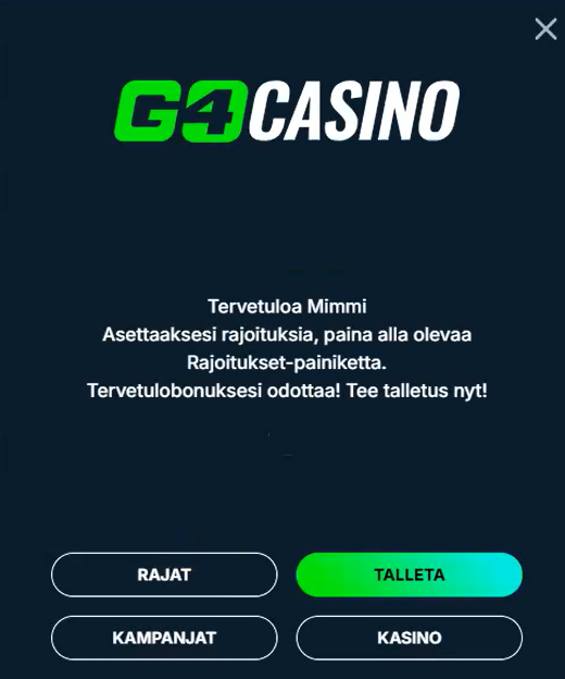 GO4 Casinon tervetulonäkymä, jossa pelaaja voi asettaa rajoituksia tai tehdä talletuksen ennen pelaamista.