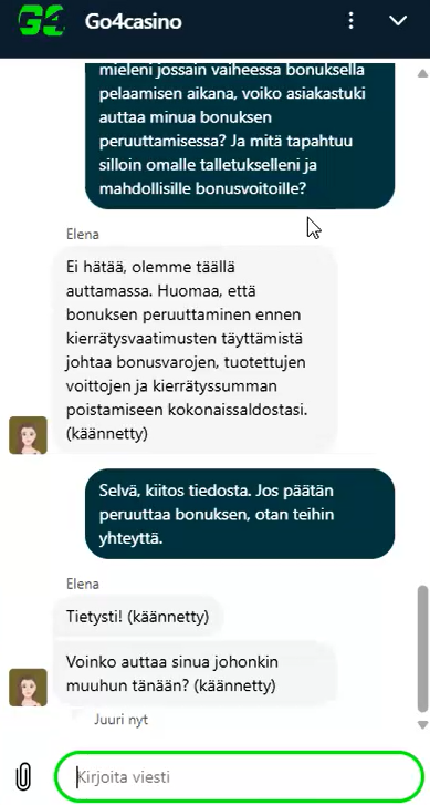 GO4 Casinon live-chat, jossa asiakaspalvelu kertoo bonuksen peruuttamisen poistavan bonusvarat, voitot ja kierrätyssumman.