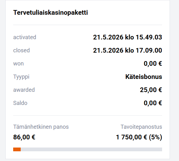 GO4 Casinon tervetuliaiskasinopaketti, jossa 25,00 € käteisbonukseen sovelletaan 1 750,00 € tavoitepanostusta.