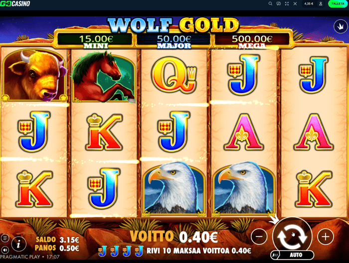 GO4 Casinon Wolf Gold -pelissä saavutettu 0,40 € voitto 0,50 € panoksella.