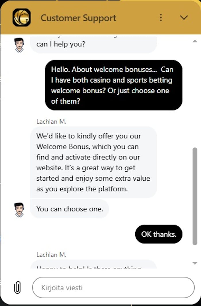 Goldiwin Casinon asiakaspalvelu auttoi englannin kielellä.