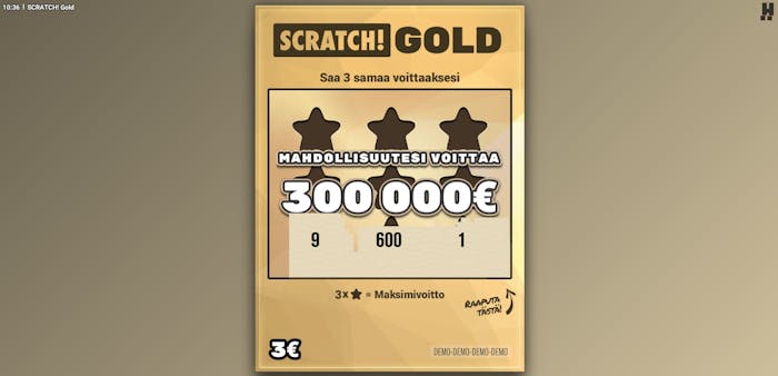 Gold Scratch -raaputusarpa, jossa luvataan 300 000 € maksimivoitto kolmella tähdellä.