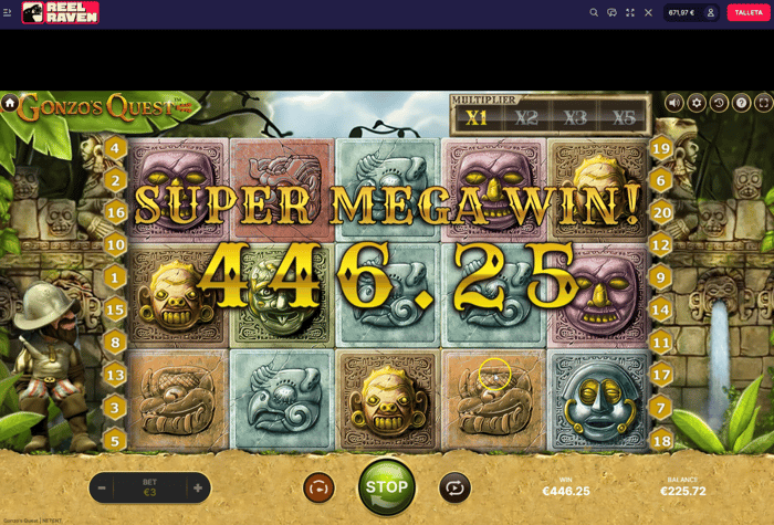 Gonzo’s Quest -pelin 446,25 euron voitto Reel Raven Casinolla.