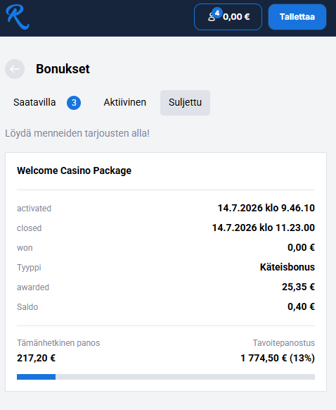 Kuvakaappaus Rcasinon kierrätyksestä, kun kasinolle on panostettu yli 217 euroa.