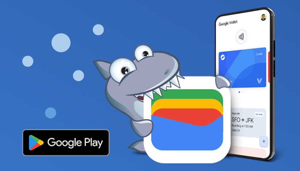 Kasinohai pitää kädessään Google Pay -sovelluksen logoa ja vieressä on puhelin, jonka näytössä näkyy sovellus ja maksukortti. Alareunassa Google Play -kaupan logo.