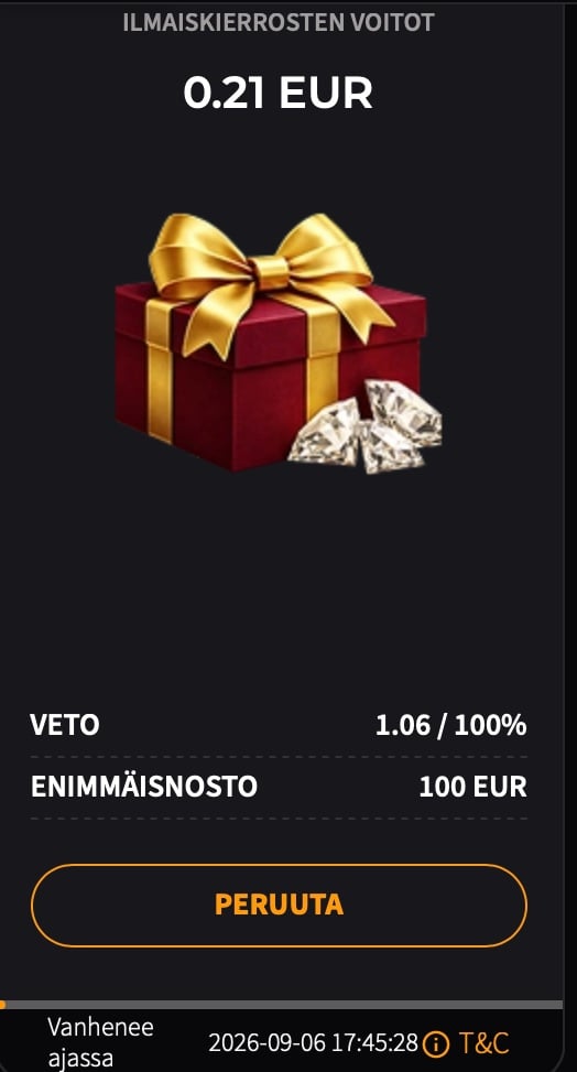 0,21 euron ilmaiskierrosvoittojen kuvakaappaus.