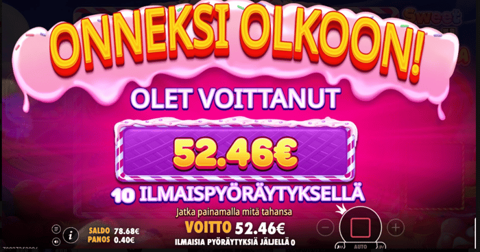Kuva, jossa näkyy 52,46 € voitto Sweet Rush Bonanza -pelin ilmaiskierroksilta.