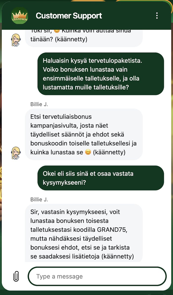 Grandwin live chat asiakaspalvelija vastaa suomeksi käännöskoneen kautta