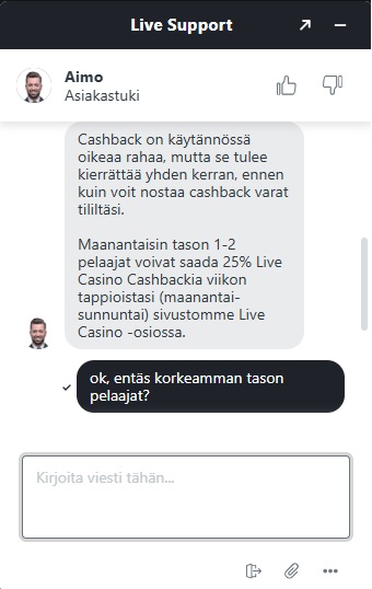 Gransino Casino vastaa livechat kysymykseen VIP-ohjelman cashbackeista.