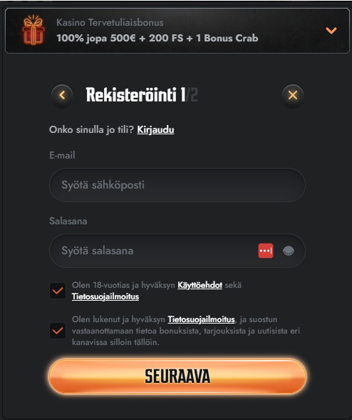 Gransino Casinollla rekisteröinti tapahtuu lomakkeella; syötät sähköpostisi ja salasanasi ja klikkaat seuraava.