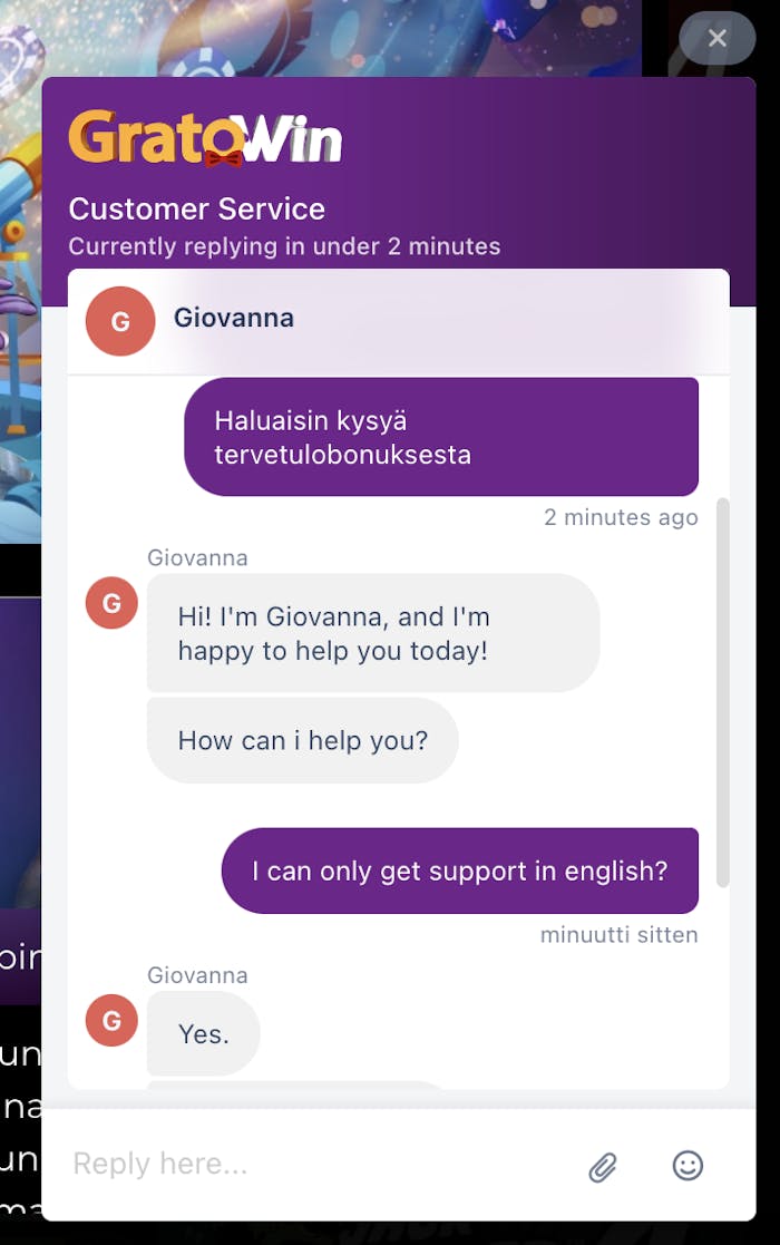 Gratowin asiakaspalvelu vastaa englanniksi