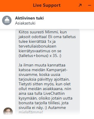 Keskustelu GreatWin Casinon asiakaspalvelun kanssa.