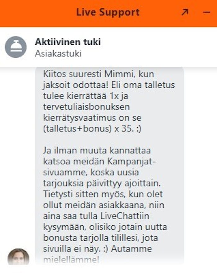 Keskustelu GreatWin Casinon asiakaspalvelun kanssa.