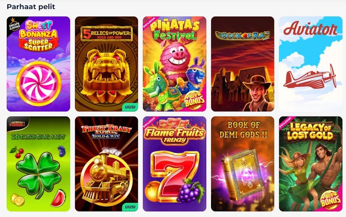 GreatWin Casinon pelien valikoimaa.