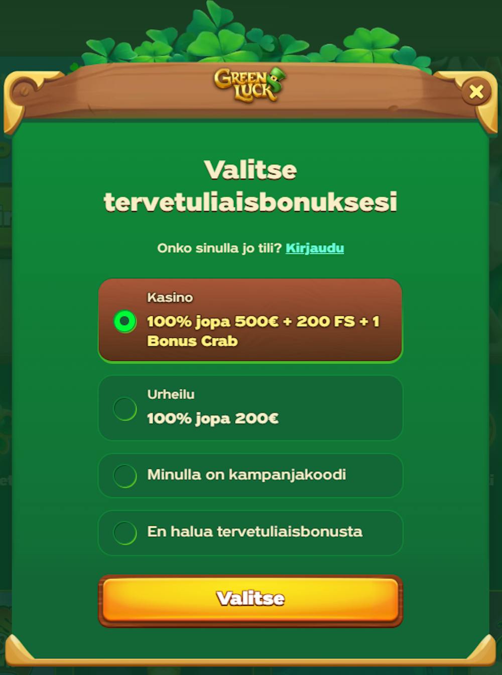 Green Luck tarjoile tervetulotarjouksen sekä kasinopeleihin että vedonlyöntiin.