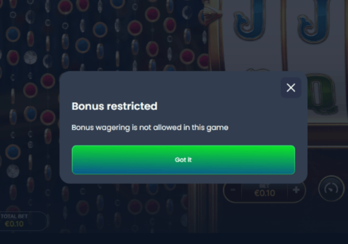 Bonus rajoitettu -ilmoitus MegaBet Casinolla.