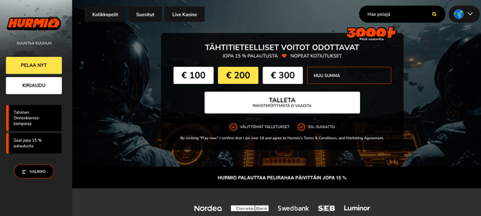 Hurmio-kasinon etusivu, jossa näkyvät talletusvaihtoehdot ja jopa 15 prosentin päivittäinen palautus