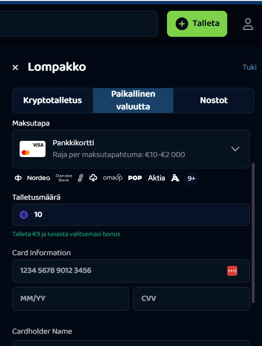 10 euron talletus Pike Casinon Lompakossa.
