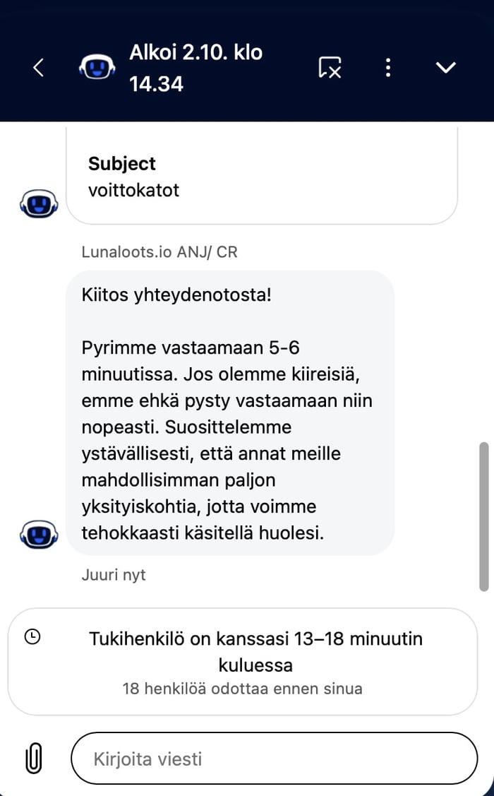Luna Lootsin live-chat-viesti, jossa jonotusajaksi arvioidaan 13-18 minuuttia.