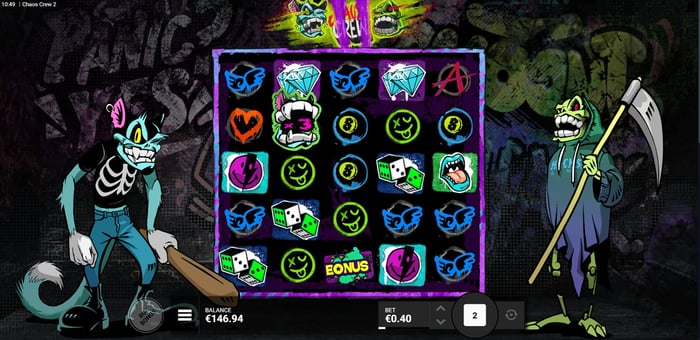 Chaos Crew 2 -slotin peliruutu, jossa kaksi sarjakuvamaista hahmoa reunustaa rullia.
