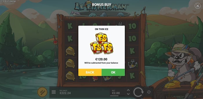 Le Fisherman -slotin Bonus Buy -ikkuna, jossa ilmaiskierrosten ostohinta esillä.