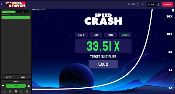 Speed Crash Dare2Win -käsipelin näkymä, jossa kerroinkäyrä nousee tähtitaivasta vasten.