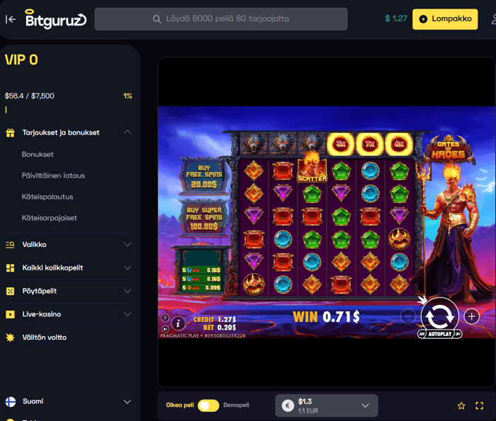 0,71 USD voitto Bitguruz kasinolla cashback bonuksella Gates of Hades -pelissä.