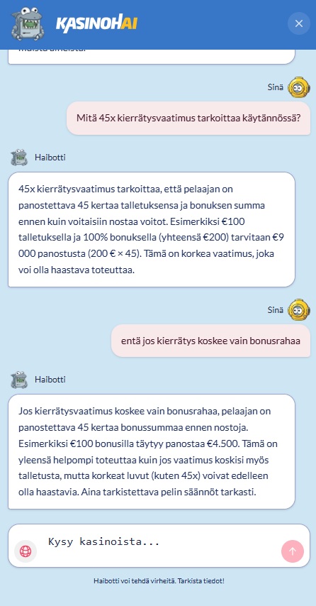 Haibotti AI-apuri neuvoo miten kierrätysvaatimus täyttyy sen mukaan, koskeeko se talletusta ja bonusta vai pelkkää bonusta.