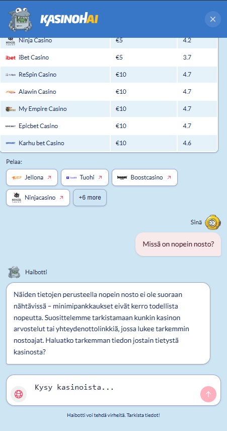 Haibotti tekoäly vastaa kysymykseen missä on nopeimmat nostot.
