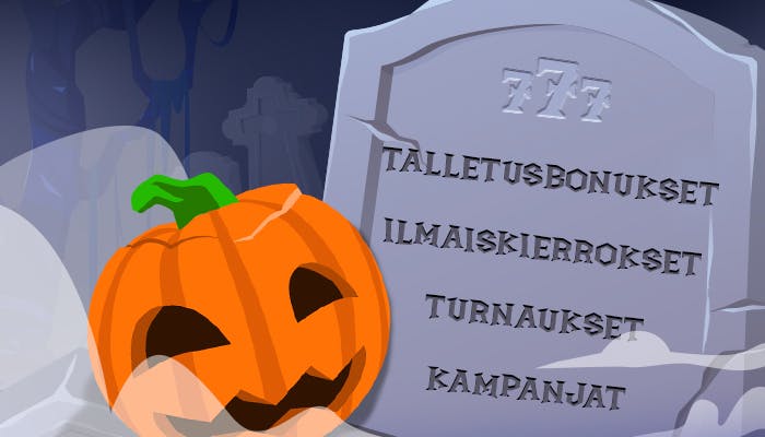 Kurpitsa ja hautakivi, jossa on listattuna halloweenbonuksia: talletusbonukset, ilmaiskierrokset, turnaukset ja kampanjat.