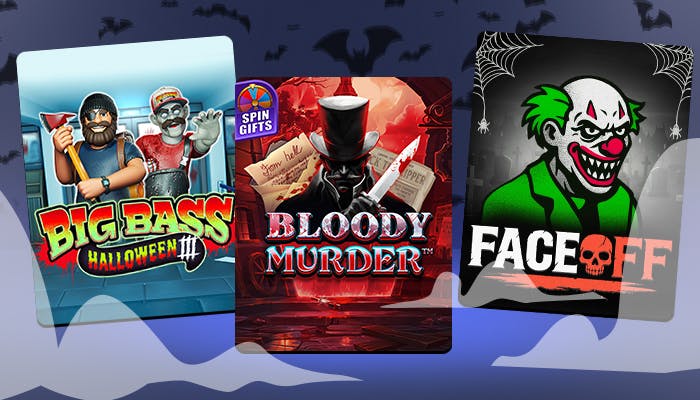 Uusien halloweenpelien logot ja kuvat: Big Bass Halloween 3, Bloody Murder ja Face Off.