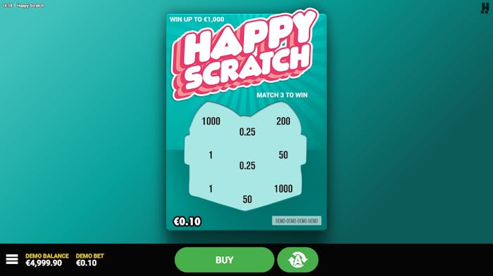 Happy Scratch -arpa, jossa yritetään löytää kolme samaa numeroa jopa 1 000 € voittamiseksi.
