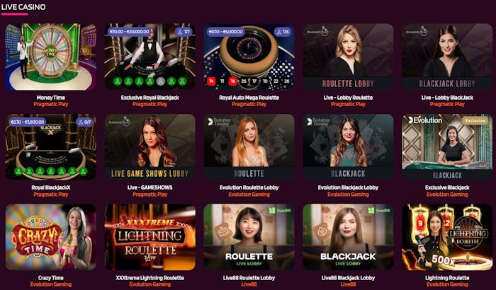 Happy Spins -kasinon live-pelejä listattuna.