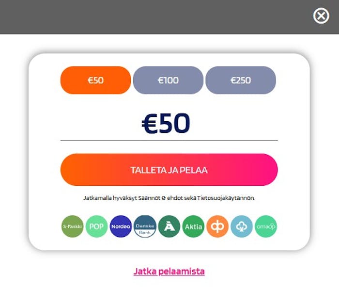 Kuva Happy Spins -kasinon talletusikkunasta.