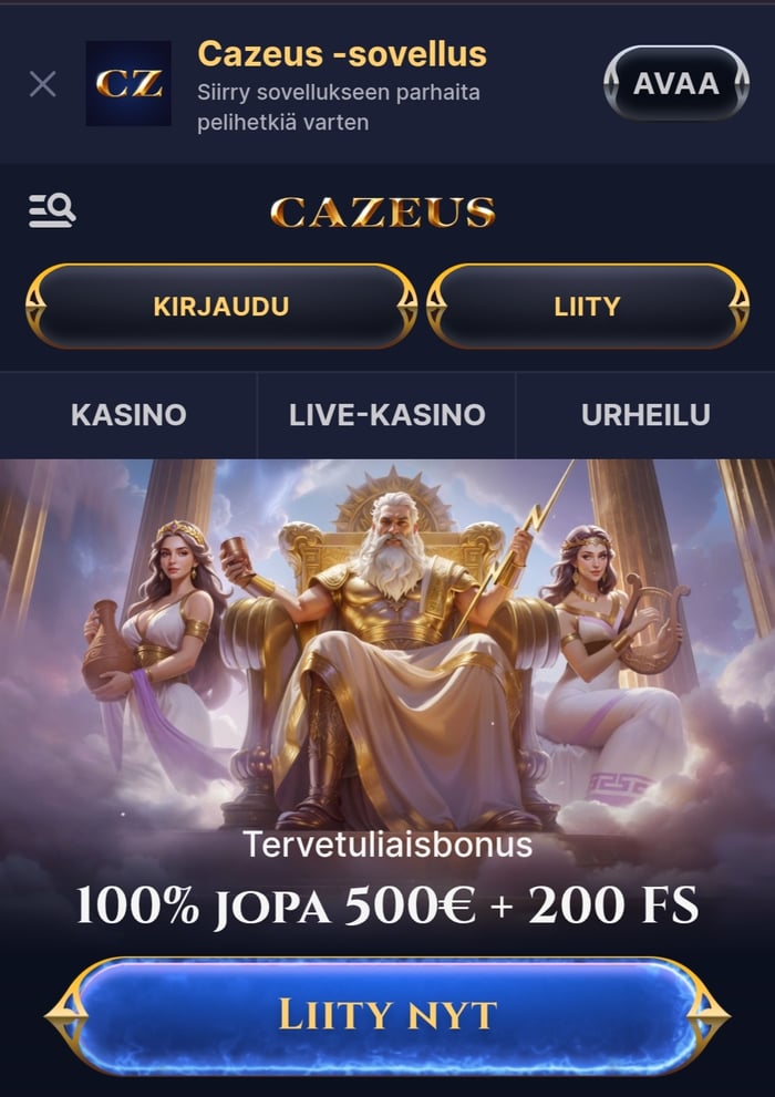 Cazeus Casinon mobiilinäkymä, jossa mainostetaan 100 %:n tervetuliaisbonusta 500 euroon asti ja 200 ilmaiskierrosta.