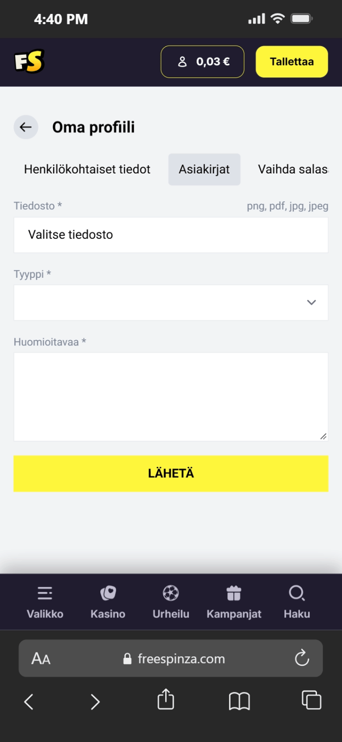 Asiakirjat-osio FreeSpinzan pelitilillä.