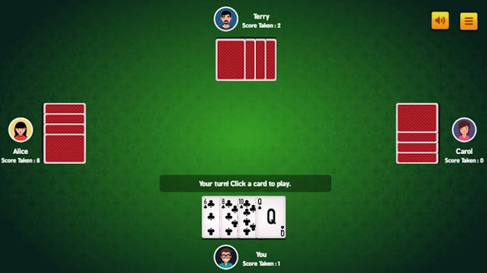 Hertta korttipeli tietokoneella pelattuna. Pöydän ääressä on neljä pelaajaa ja heillä on eteen jaettuna kortteja.