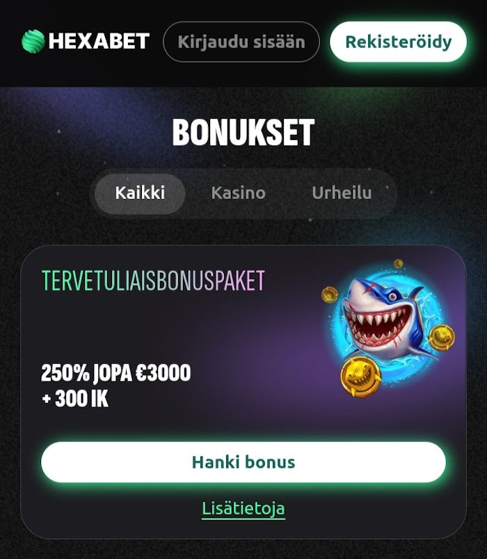 Hexabet kasinon bonuspaketti esiteltynä.