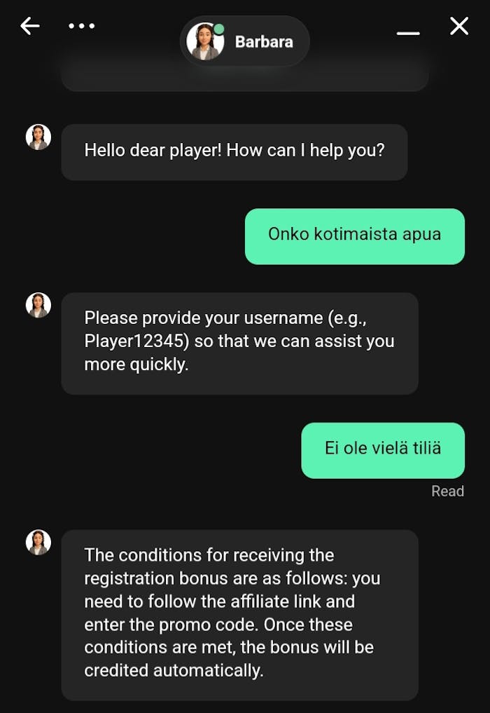 Hexabet kasinon asiakastuki chatilla ja keskustelua.