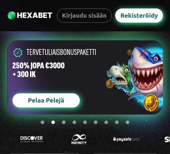 Hexabet kasinon etusivu ja tervetuliaisbonus esiteltynä.