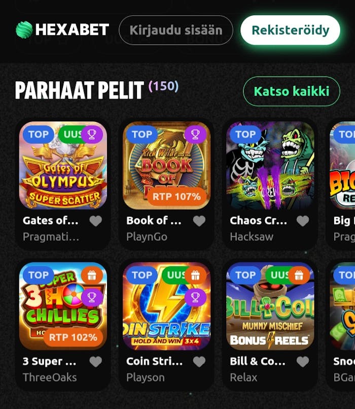 Hexabet kasinon peliaula ja parhaat pelit esiteltynä.