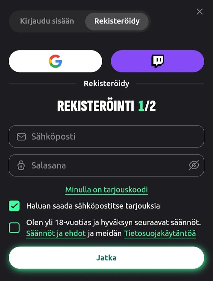 Hexabet kasinon rekisteröintilomake suomeksi.