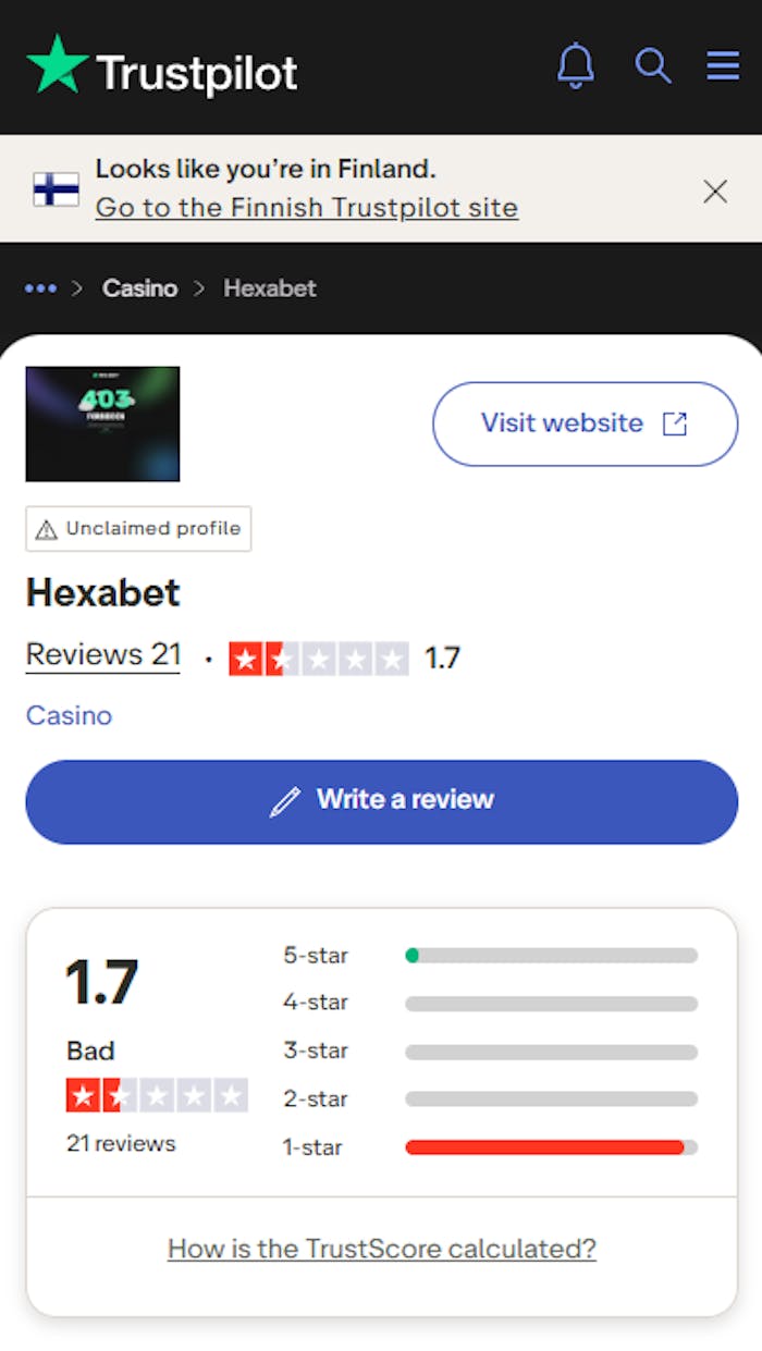 Hexabet kasinon Trustpilot-arvosteluiden yhteenveto.