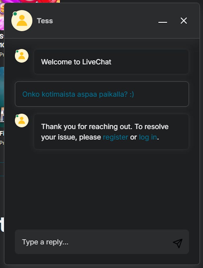 Heycasinon chat, joka on englanniksi.