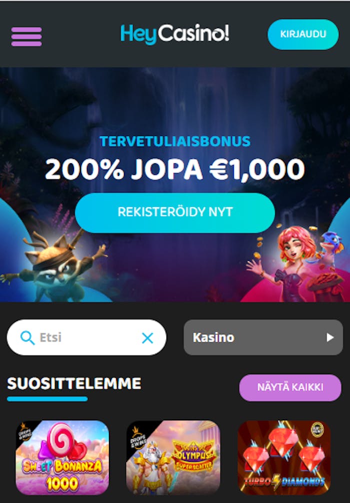 Heycasinon etusivu ja mahdollisuus pelitilin avaamiseen.
