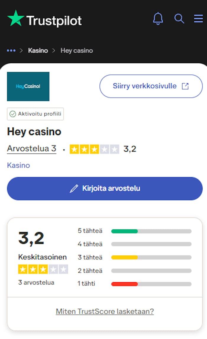 Heycasinon yhteenveto Trustpilot-arvosteluista.
